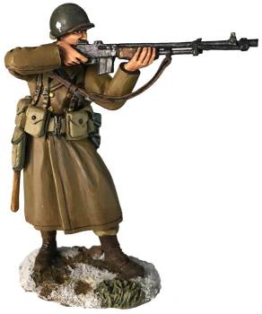 WW2: US 101st Airborne in Greatcoat Standing Firing BAR, Winter 1944-45