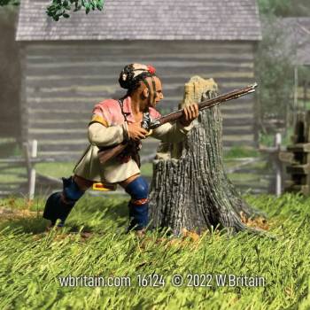 Clash of Empires: Native American Warrior Getting Ready to Fire from Behind a Tree Stump