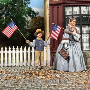 Village Green: A Patriotic Family Mother and Son Waving Flags Civil War Era