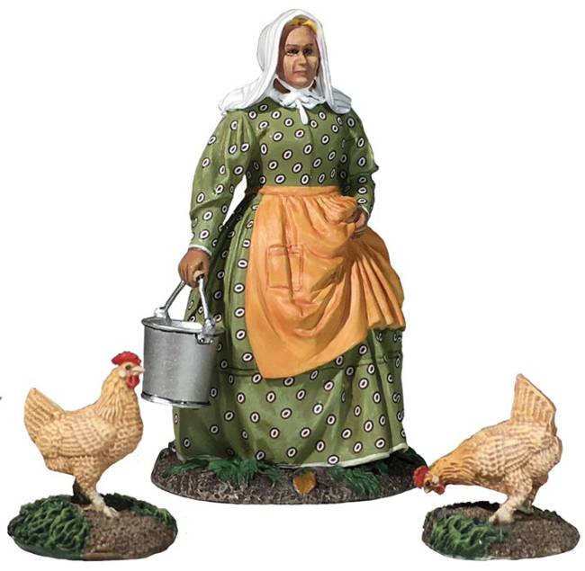 Village Green: Miss Dayfield - Woman Doing Farm Chores with Two Chickens