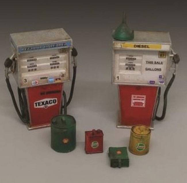 Modern Gas Pumps w/Various Gas Cans