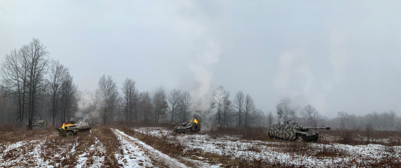 Stopped in Their Tracks. German Armored Assault Unit Burning at the Edge of Forest Scenic