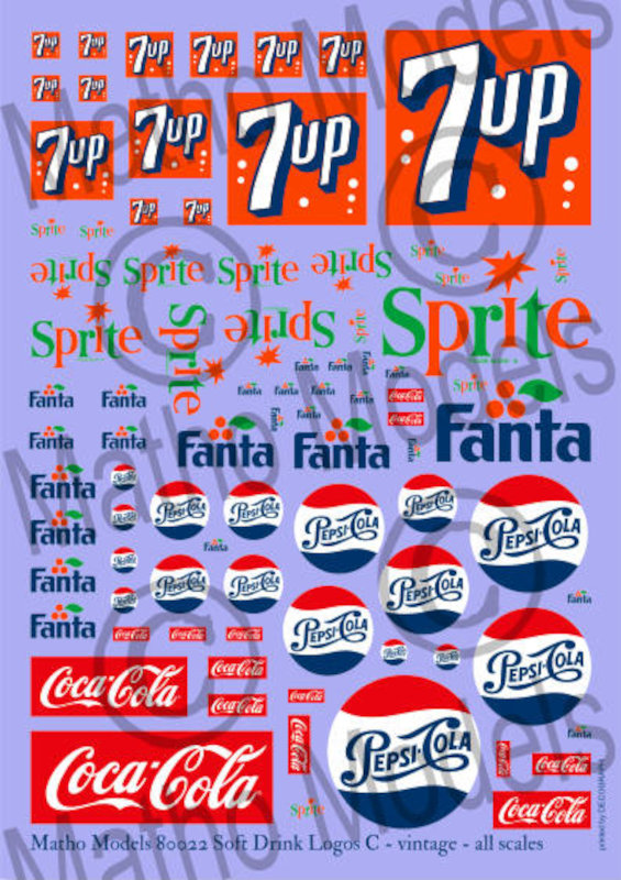 Multi-Scale Vintage Soft Drink Logos Decals (7UP, Sprite, Fanta, Pepsi, Coca-Cola)