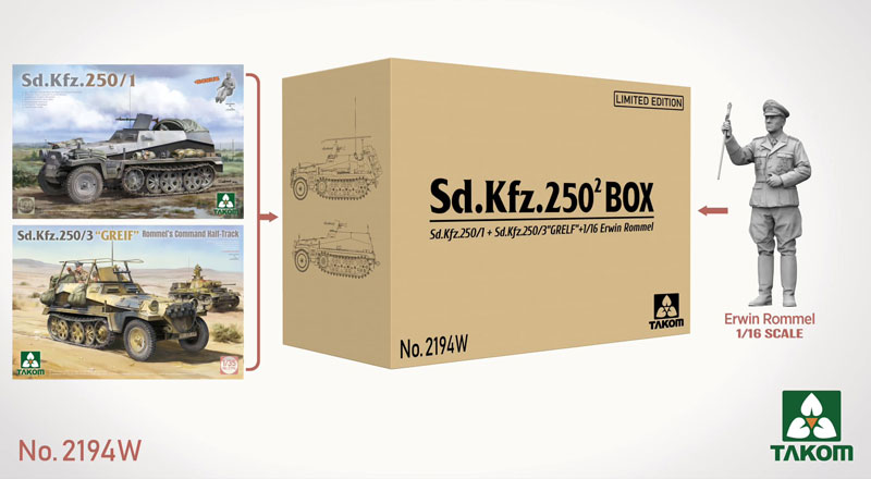 Takom German Half Track Box (Sd.Kfz.250/1 + Sd.Kfz.250/3 Greif + 1/16 Erwin Rommel Figure)