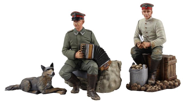 WW1: Music to Peel By, 1914-1918 German Infantry Seated Peeling Potatoes and Seated Playing Concertina