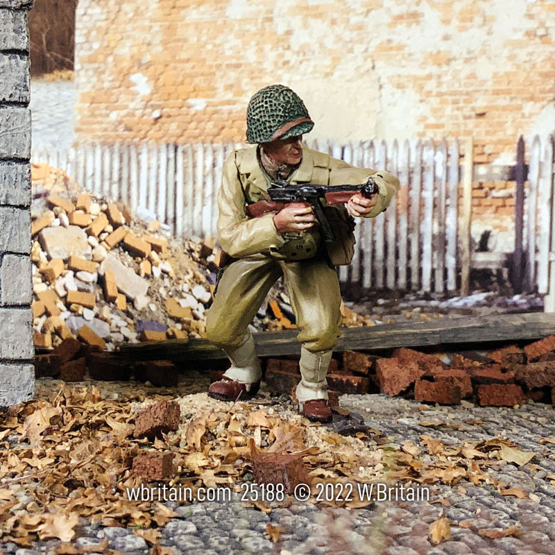 WW2: U.S. Infantry NCO Crouching with Thompson 1943-45