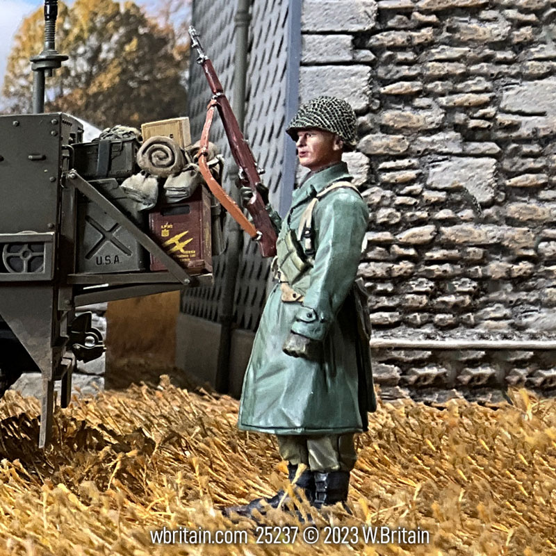 WW2: U.S. Infantry in Raincoat Standing with M1 on Hip 1943-45