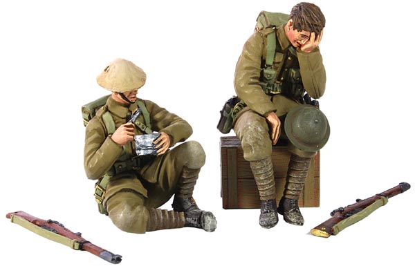 WW1: British Infantry 1916-17 Exhausted Seated with Box and Seated Eating